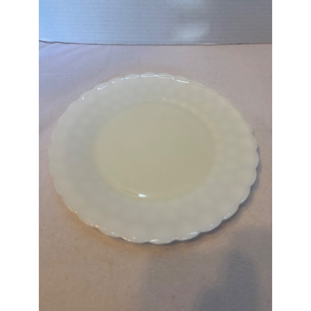 Vintage White Milk Glass Hobnail Dinner Plate Scalloped Edge Mid-Century Retro